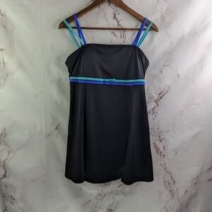 A Shore Fit Swim Dress Womens 14 Large Black Blue Bow One Piece Bikini Suit Pads
